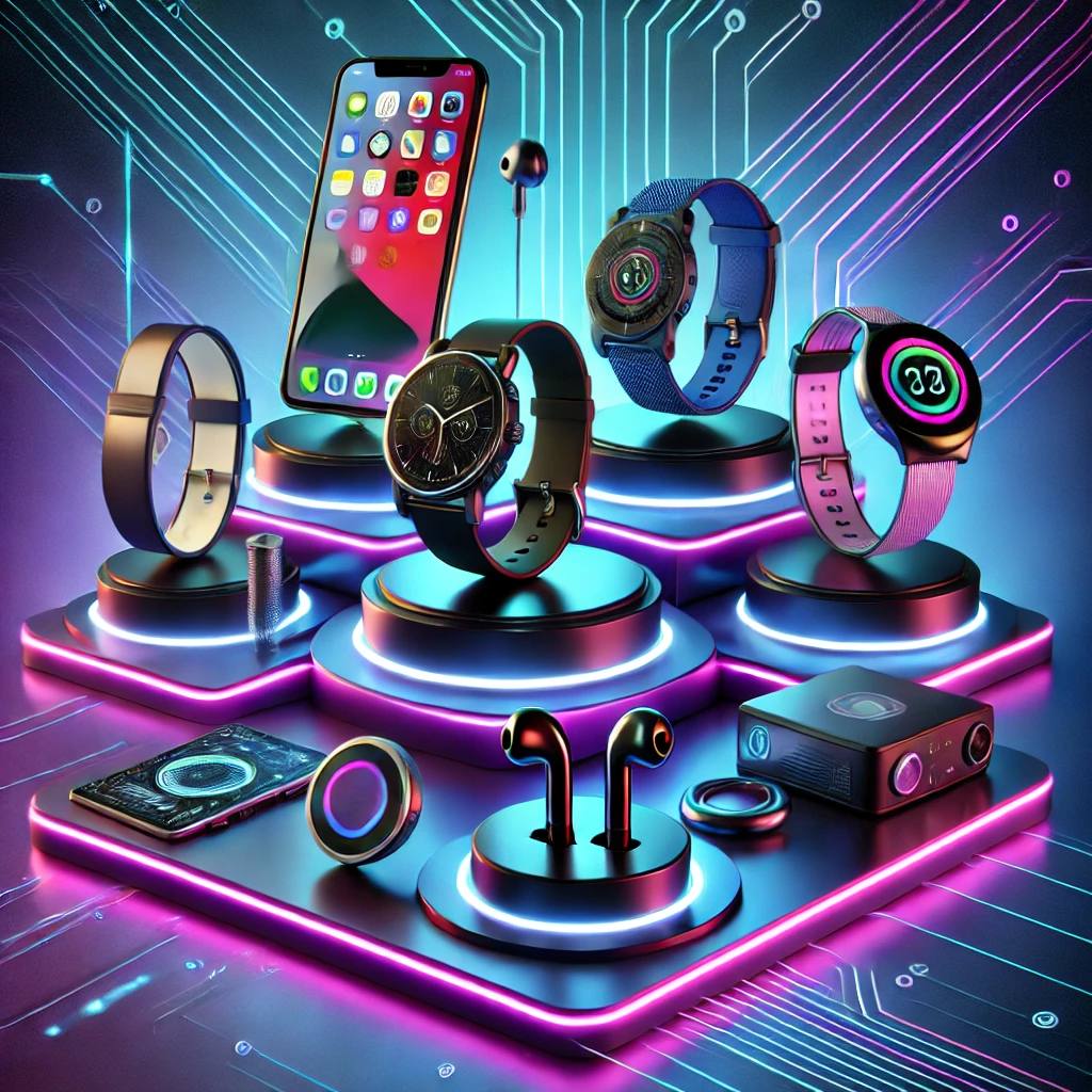 Various modern gadgets: smartwatches, headphones, smartphones, tablets, wireless chargers, and tech accessories — top devices to enhance everyday life.